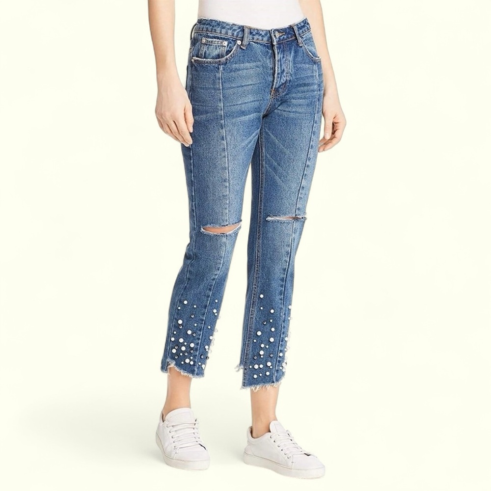 Sunset +Spring Pearls Frayed Distressed Jeans
